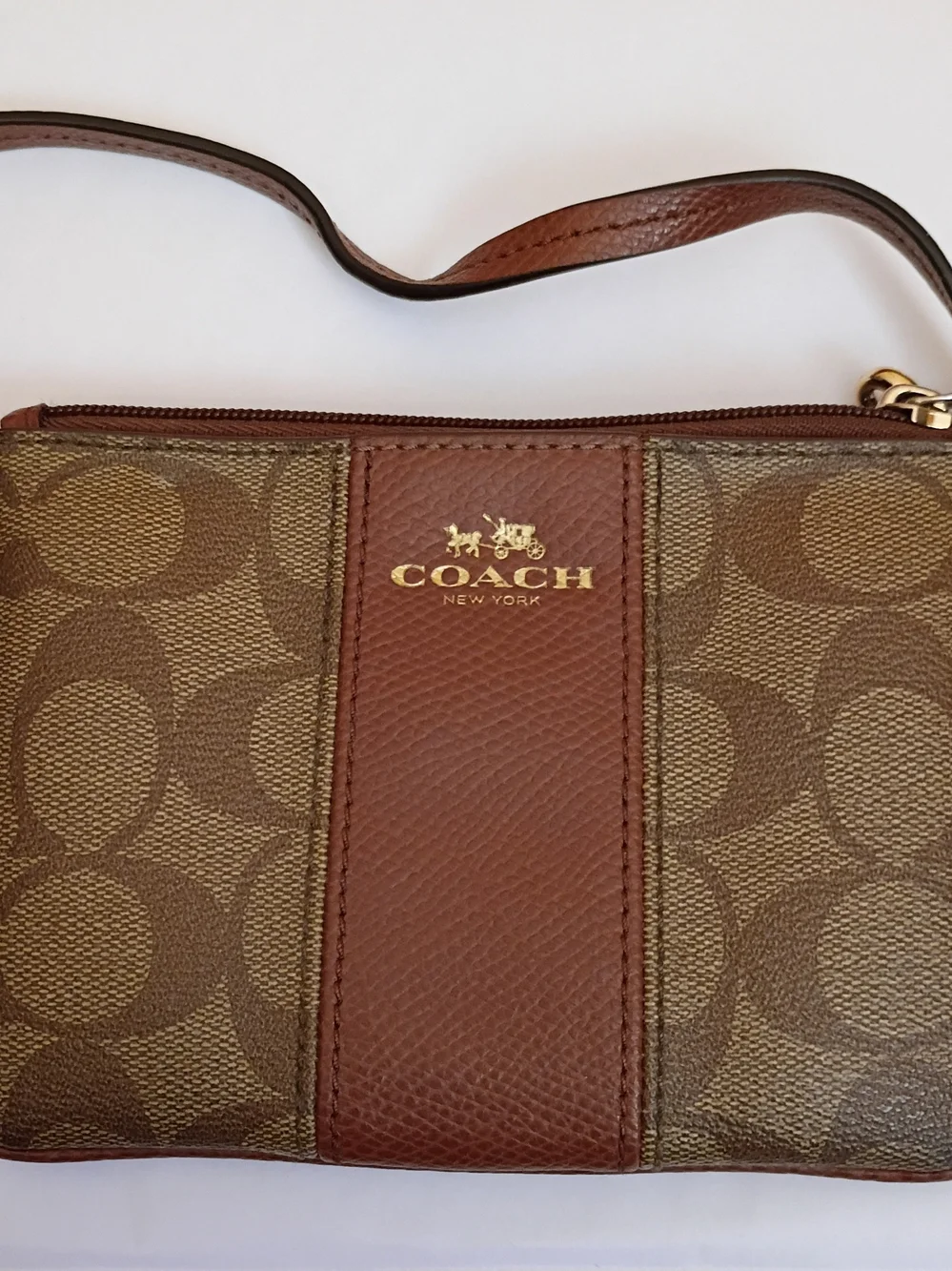 Coach Brown Signature Canvas Wristlet with Gold Logo